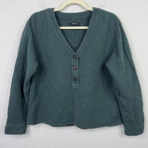 Madewell Shirt Womens S Green Textured Gauzy Henley Minimalist Boho Neutral
